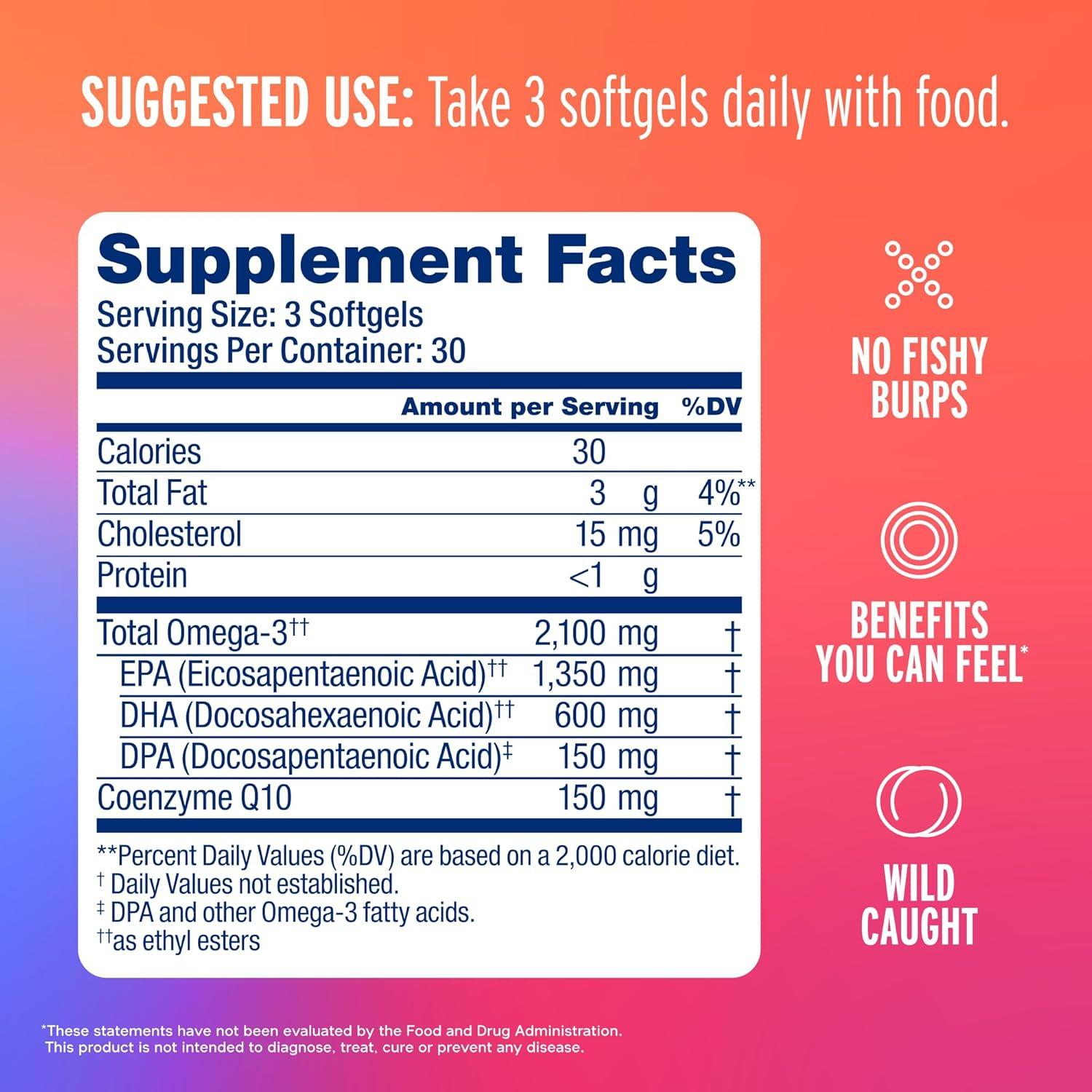 image:imageOceanblue Omega 3 2100 with CoQ10 Triple Strength Fish Oil Combo Supplement High Potency 1350mg EPA 650mg DHA with 150mg CoQ10 Orange Flavor Heart Support 90 Softgels Pack of 290 Count Pack of 2