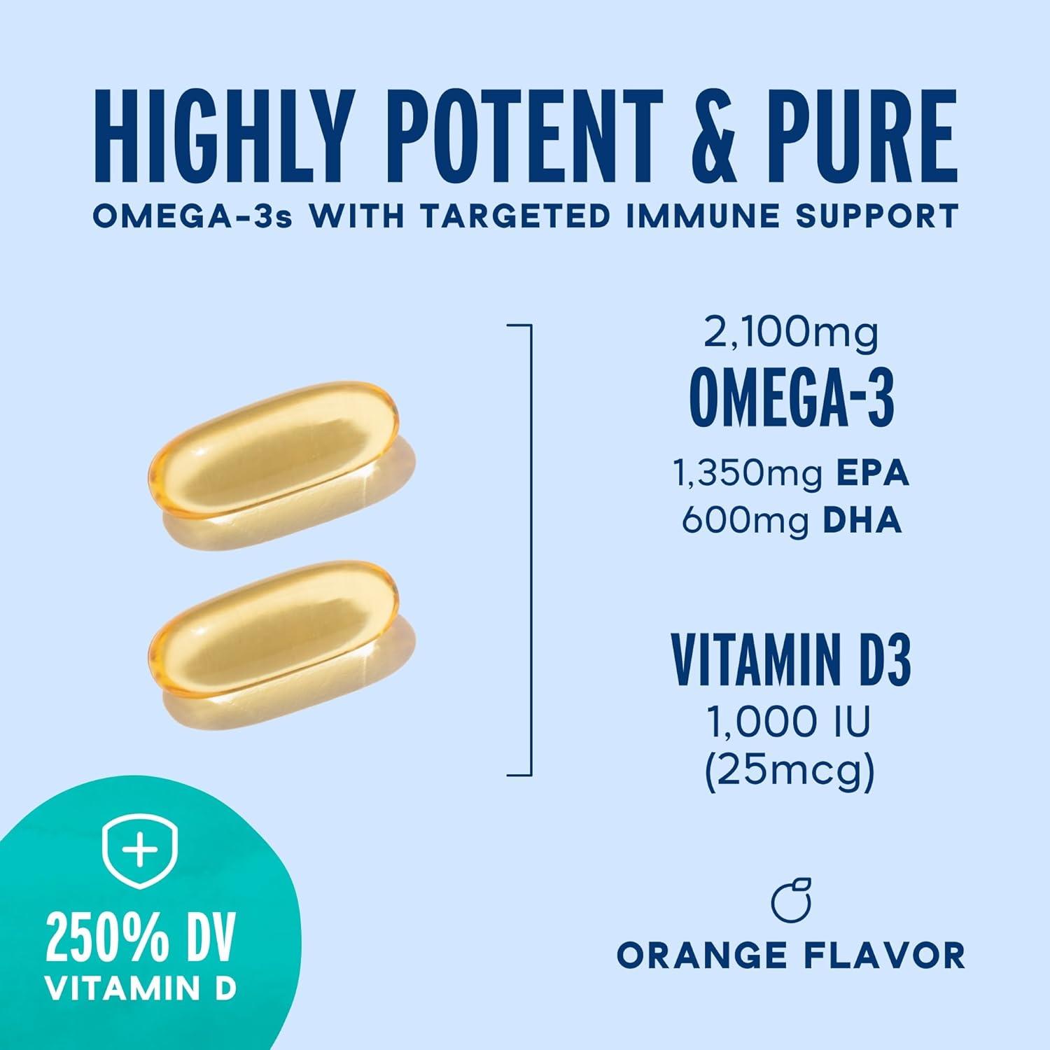image:imageOceanblue Professional Fish Oil with Vitamin D3 Triple Strength 2100mg Omega3 DPA EPA DHA Wild Caught Burpless Orange Flavor 180 Softgel Capsules120 Count Pack of 2