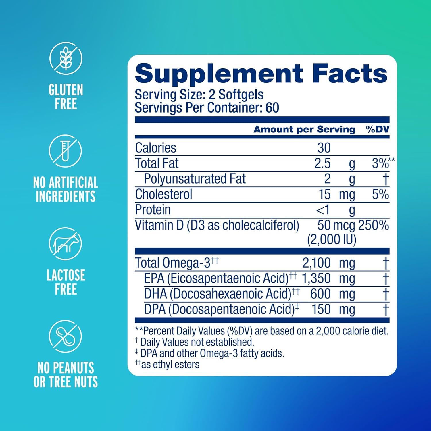 image:imageOceanblue Professional Fish Oil with Vitamin D3 Triple Strength 2100mg Omega3 DPA EPA DHA Wild Caught Burpless Orange Flavor 180 Softgel Capsules120 Count Pack of 2