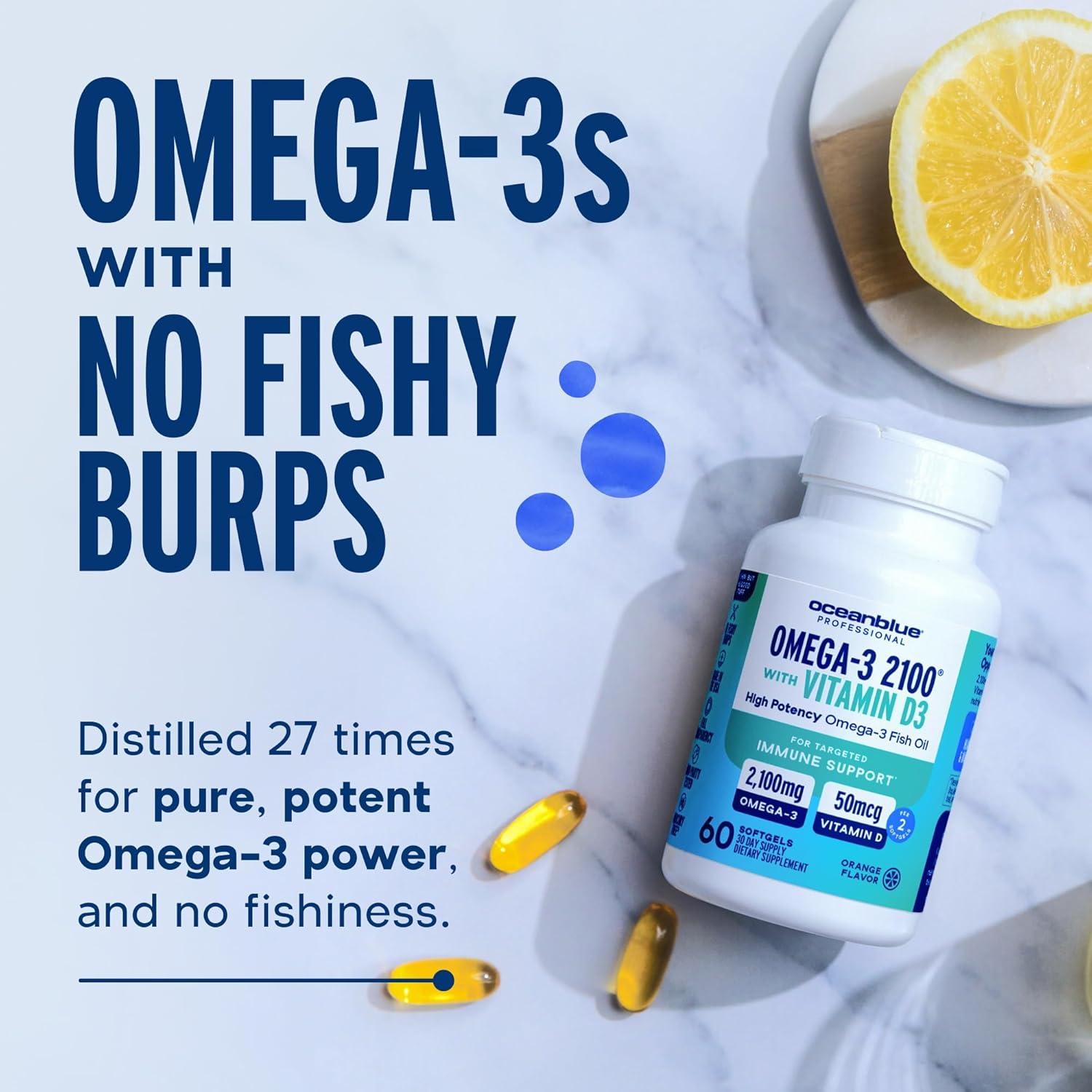 image:imageOceanblue Professional Fish Oil with Vitamin D3 Triple Strength 2100mg Omega3 DPA EPA DHA Wild Caught Burpless Orange Flavor 180 Softgel Capsules120 Count Pack of 2