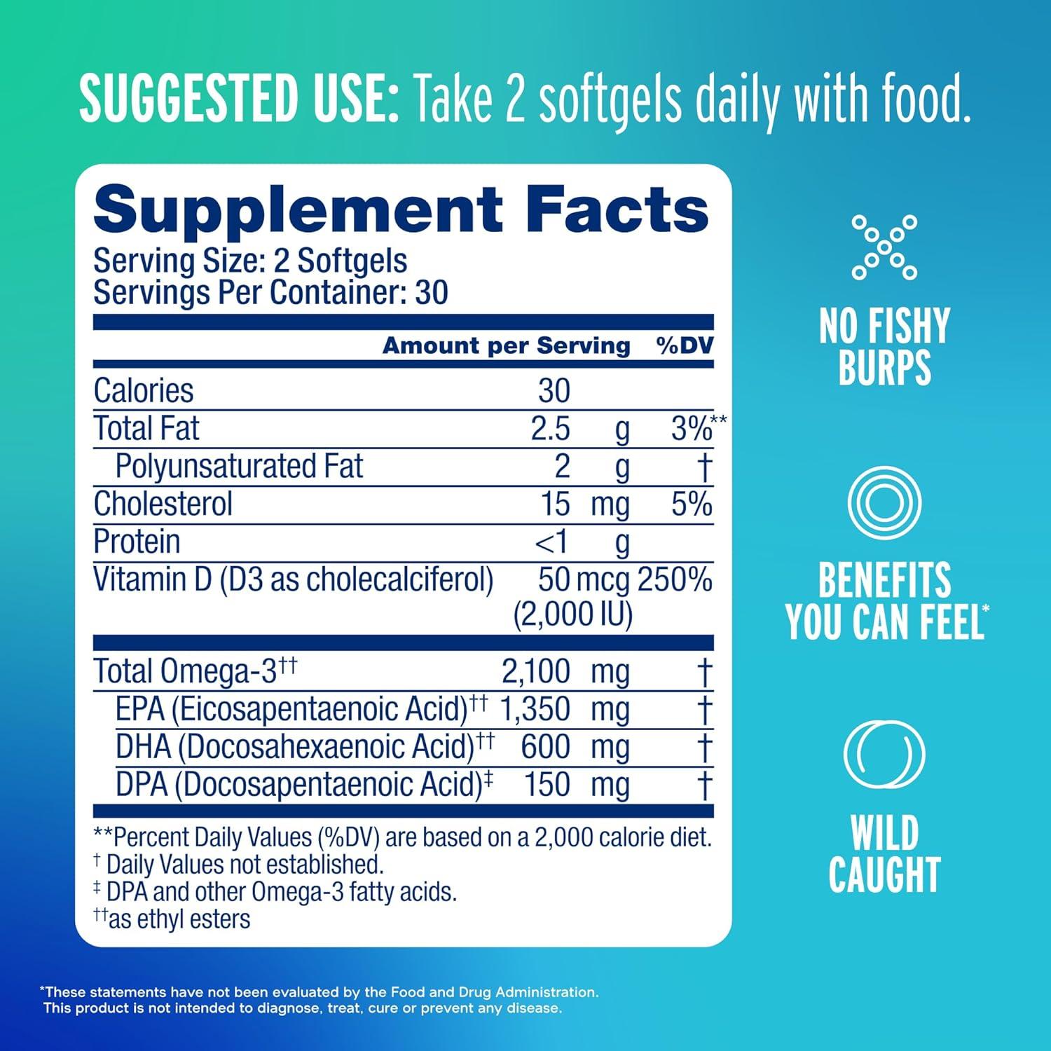 image:imageOceanblue Professional Fish Oil with Vitamin D3 Triple Strength 2100mg Omega3 DPA EPA DHA Wild Caught Burpless Orange Flavor 180 Softgel Capsules60 Count Pack of 1