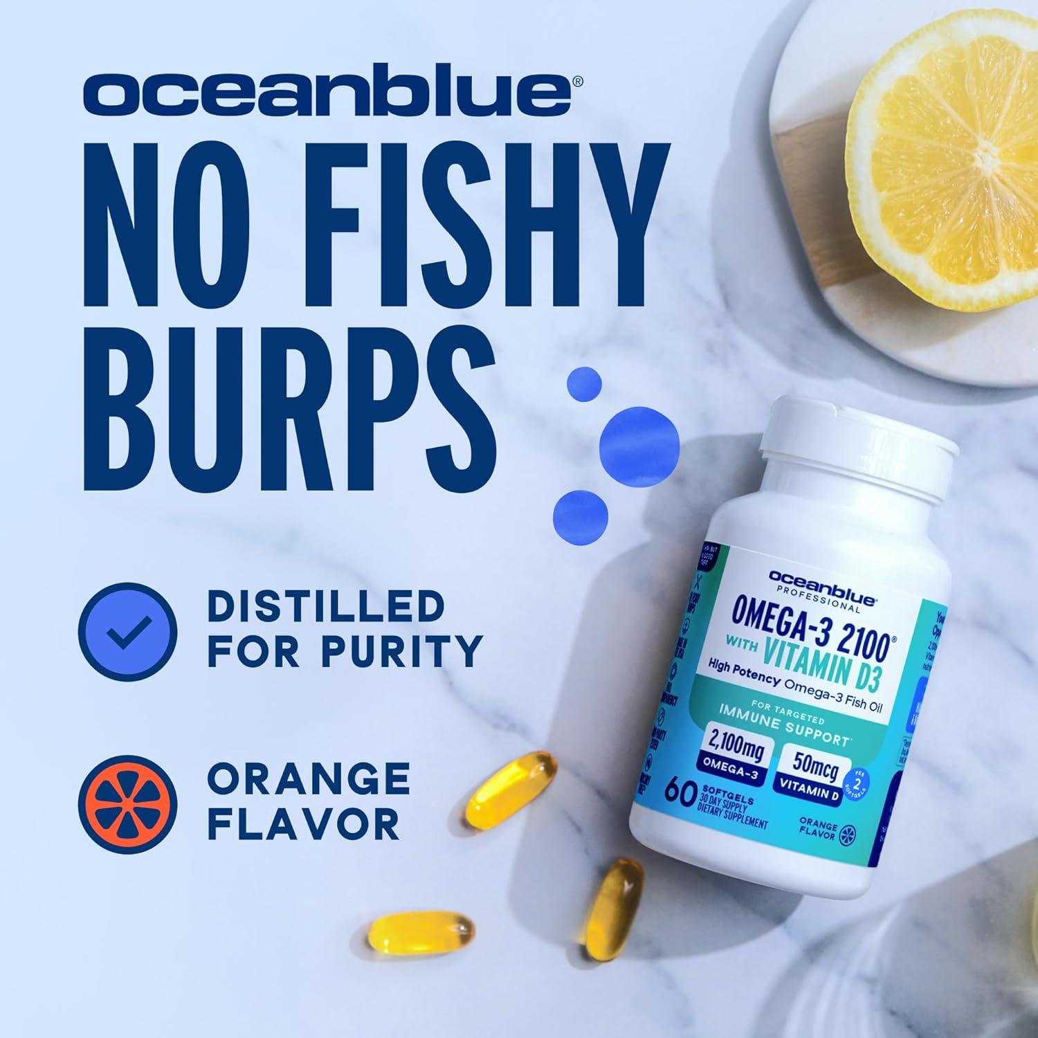 image:imageOceanblue Professional Fish Oil with Vitamin D3 Triple Strength 2100mg Omega3 DPA EPA DHA Wild Caught Burpless Orange Flavor 180 Softgel Capsules60 Count Pack of 1