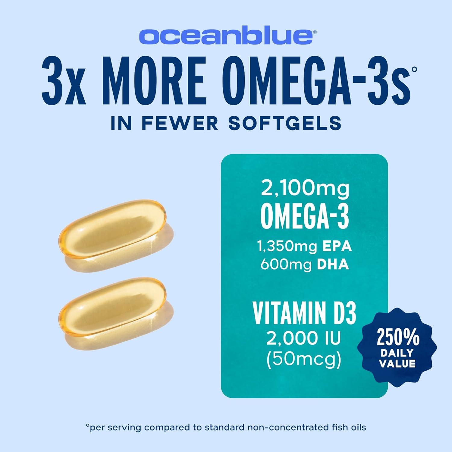 image:imageOceanblue Professional Omega3 2100 with Vitamin D3 120 ct 2 Pack Triple Strength Burpless Fish Oil Supplement with HighPotency EPA DHA DPA and Vitamin D3 WildCaught Orange Flavor180 Count Pack of 1