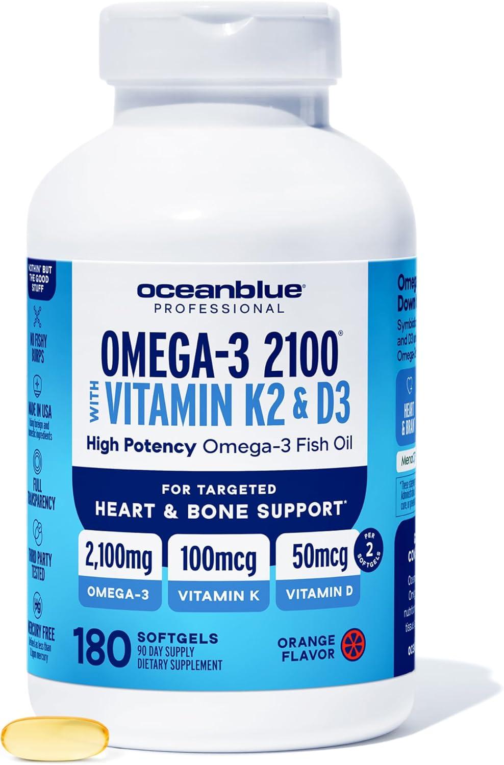 image:imageOceanblue Professional Omega3 2100 with Vitamin K2 and Vitamin D360 Count Triple Strength Burpless Fish Oil Omega3 Supplement with EPA DHA amp DPA Wild Caught Orange Flavor 30 ServingsStandard Size