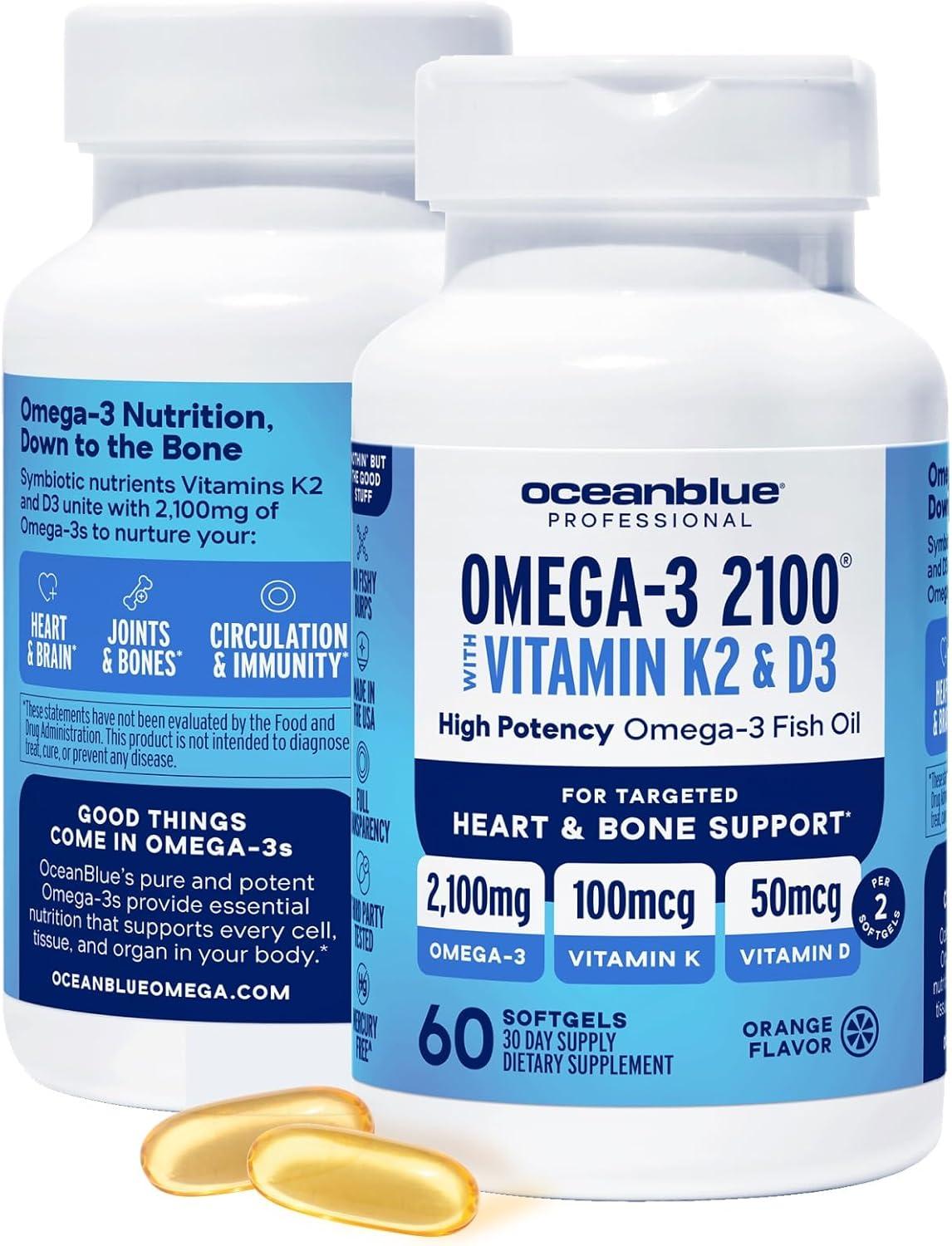 image:imageOceanblue Professional Omega3 2100 with Vitamin K2 and Vitamin D360 Count Triple Strength Burpless Fish Oil Omega3 Supplement with EPA DHA amp DPA Wild Caught Orange Flavor 30 ServingsStandard Size