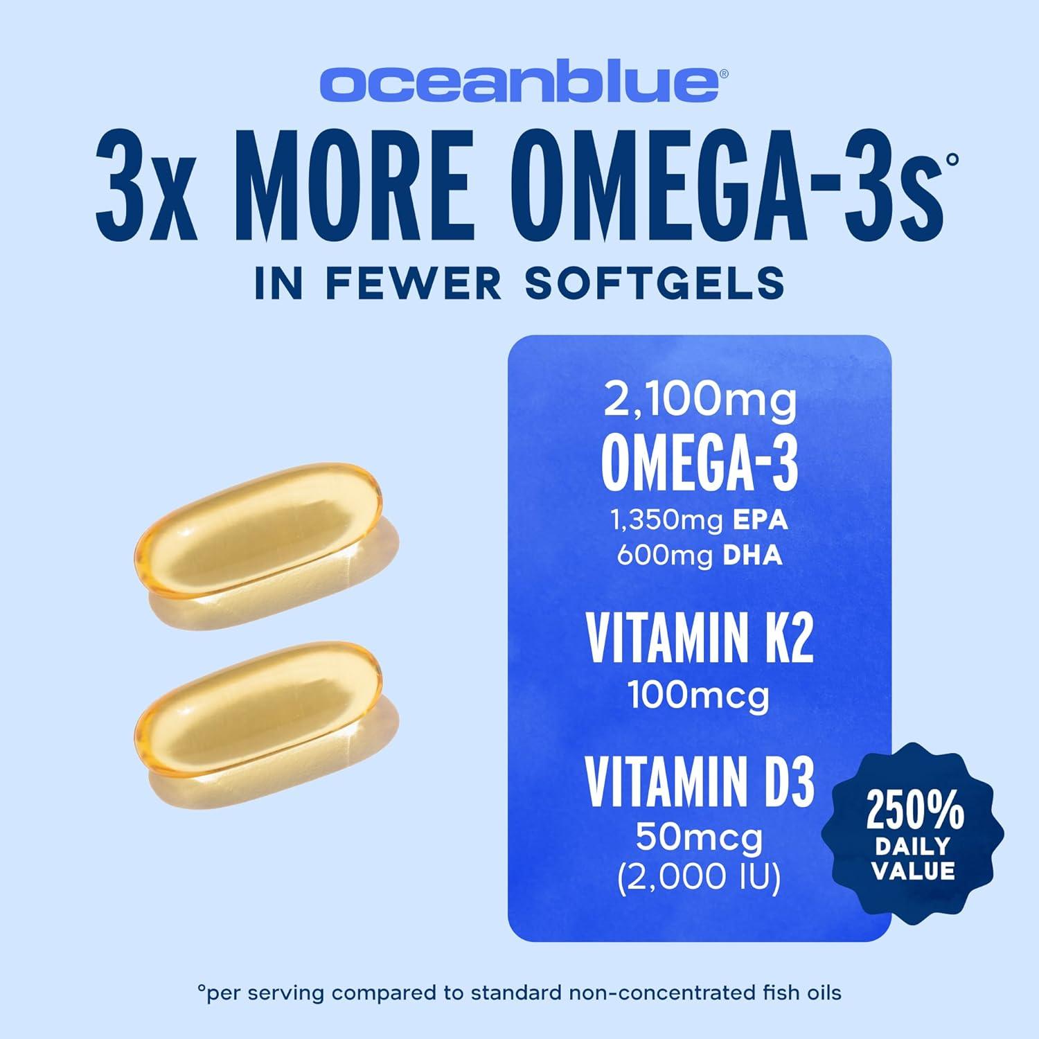 image:imageOceanblue Professional Omega3 2100 with Vitamin K2 and Vitamin D360 Count Triple Strength Burpless Fish Oil Omega3 Supplement with EPA DHA amp DPA Wild Caught Orange Flavor 30 ServingsStandard Size