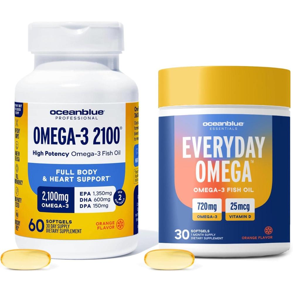 image:imageOceanblue Omega3 Bundle 2100 Triple Strength 180ct Essentials Everyday Omega Minis 60ct HighPotency EPA DHA DPA with Vitamin D3 Orange Flavor Heart Brain amp Immune Support 2 Pack