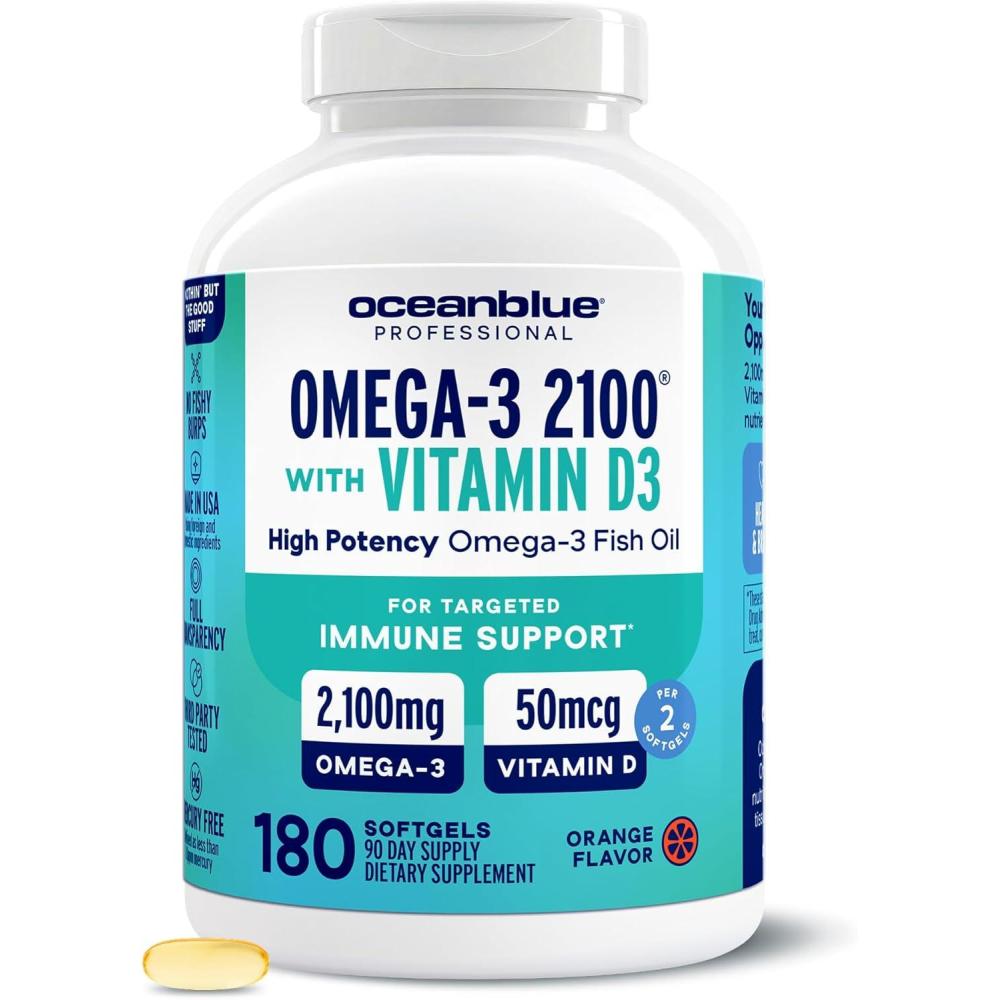 image:imageOceanblue Professional Omega3 2100 with Vitamin D3 120 ct 2 Pack Triple Strength Burpless Fish Oil Supplement with HighPotency EPA DHA DPA and Vitamin D3 WildCaught Orange Flavor180 Count Pack of 1