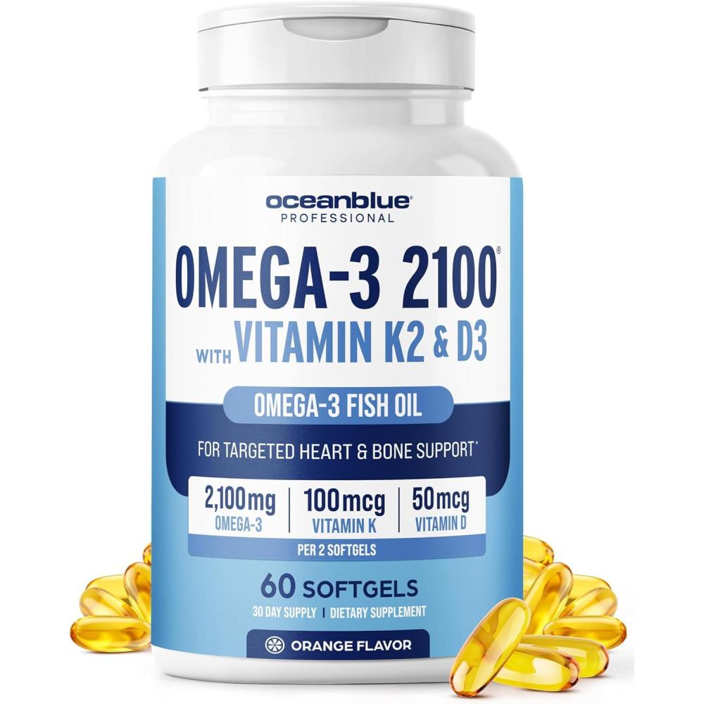 image:imageOceanblue Professional Omega3 2100 with Vitamin K2 and Vitamin D360 Count Triple Strength Burpless Fish Oil Omega3 Supplement with EPA DHA amp DPA Wild Caught Orange Flavor 30 ServingsStandard Size
