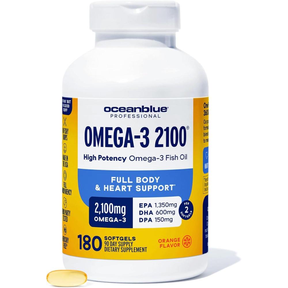 image:imageOceanblue Professional Omega3 2100mg Fish Oil Supplement Triple Strength High Potency EPA DHA amp DPA Burpless WildCaught Natural Orange Flavor 60 Softgels Pack of 1180 Count Pack of 1