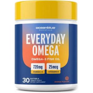 image:imageOceanblue Essentials Everyday Omega Minis  Burpless Fish Oil Softgels with Vitamin D3  Heart and Immune Support  Easy to Swallow Mini Softgels  Orange Flavor  180 Count  3 Month SupplyOrange