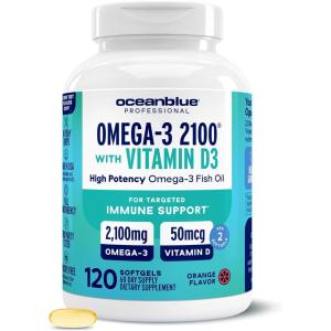 image:imageOceanblue Professional Fish Oil with Vitamin D3  Triple Strength 2100mg Omega3 DPA EPA DHA  Wild Caught  Burpless Orange Flavor  180 Softgel Capsules120 Count Pack of 1