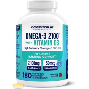 image:imageOceanblue Professional Fish Oil with Vitamin D3  Triple Strength 2100mg Omega3 DPA EPA DHA  Wild Caught  Burpless Orange Flavor  180 Softgel Capsules180 Count Pack of 1