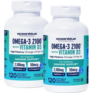 image:imageOceanblue Professional Omega3 2100 with Vitamin D3 120 ct  2 Pack Triple Strength Burpless Fish Oil Supplement with HighPotency EPA DHA DPA and Vitamin D3 WildCaught Orange Flavor120 Count Pack of 2